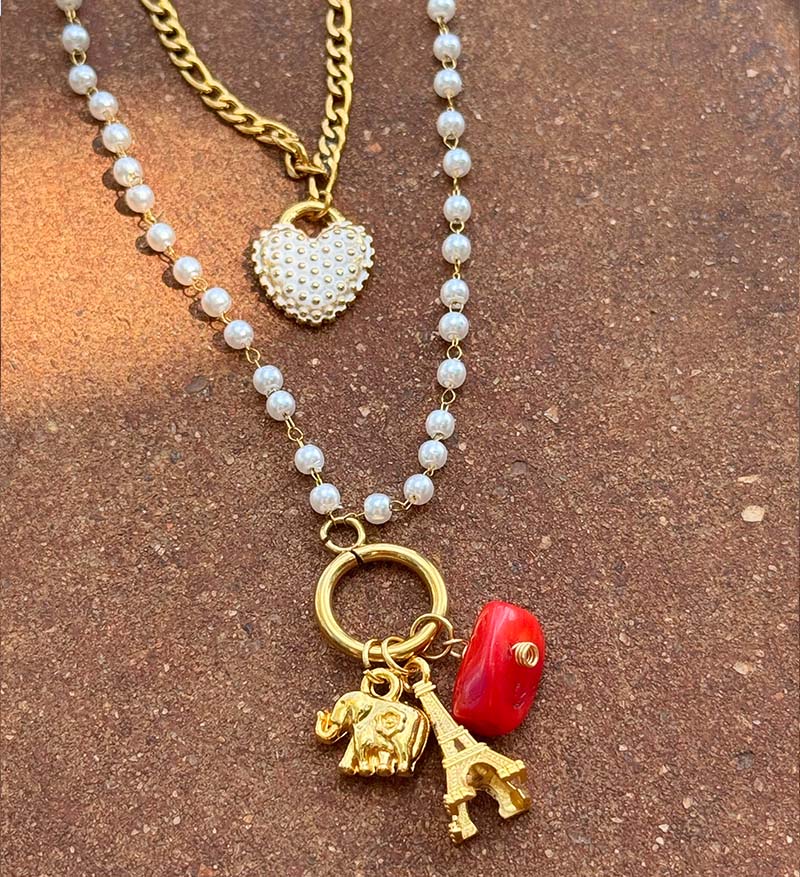 Cadena doble perlas y charms