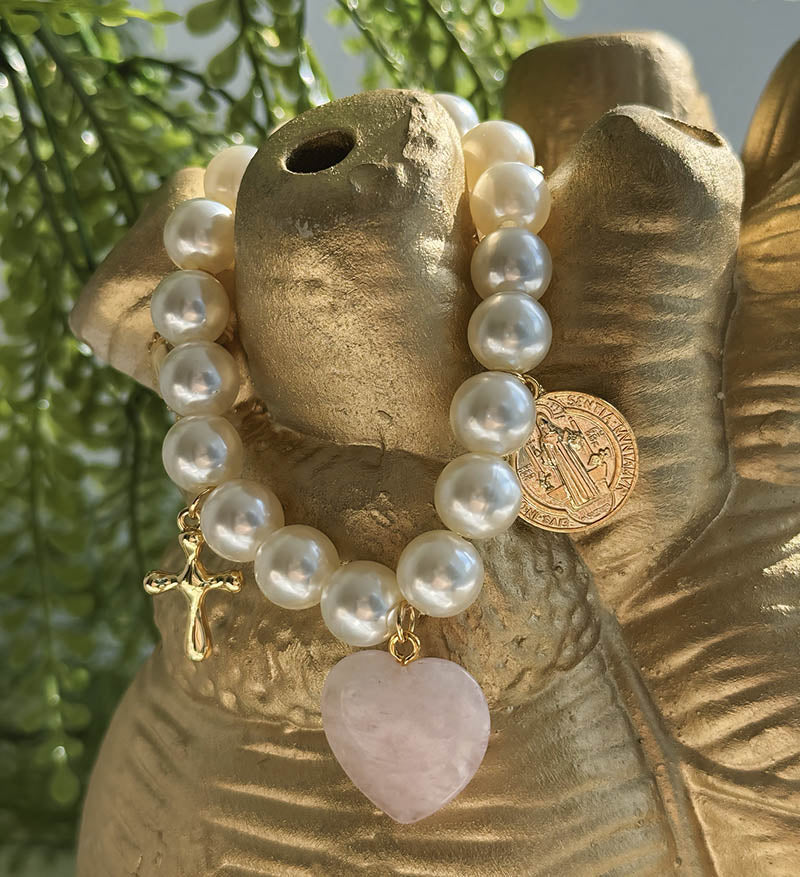 Pulsera perlas corazon cuarzo