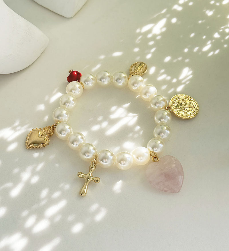 Pulsera perlas corazon cuarzo