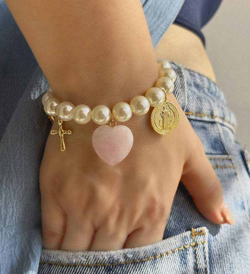 Pulsera perlas corazon cuarzo