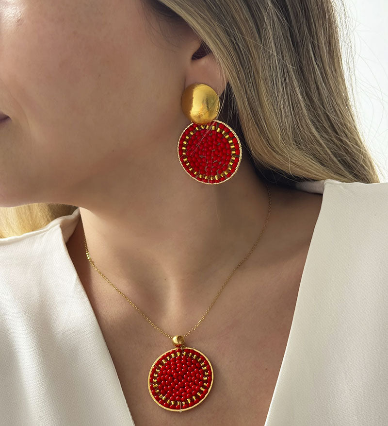 Set tejido mini rojo cadena + aretes