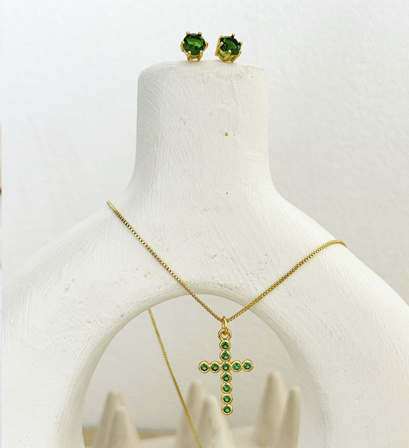 Set cadena cruz verde + topos