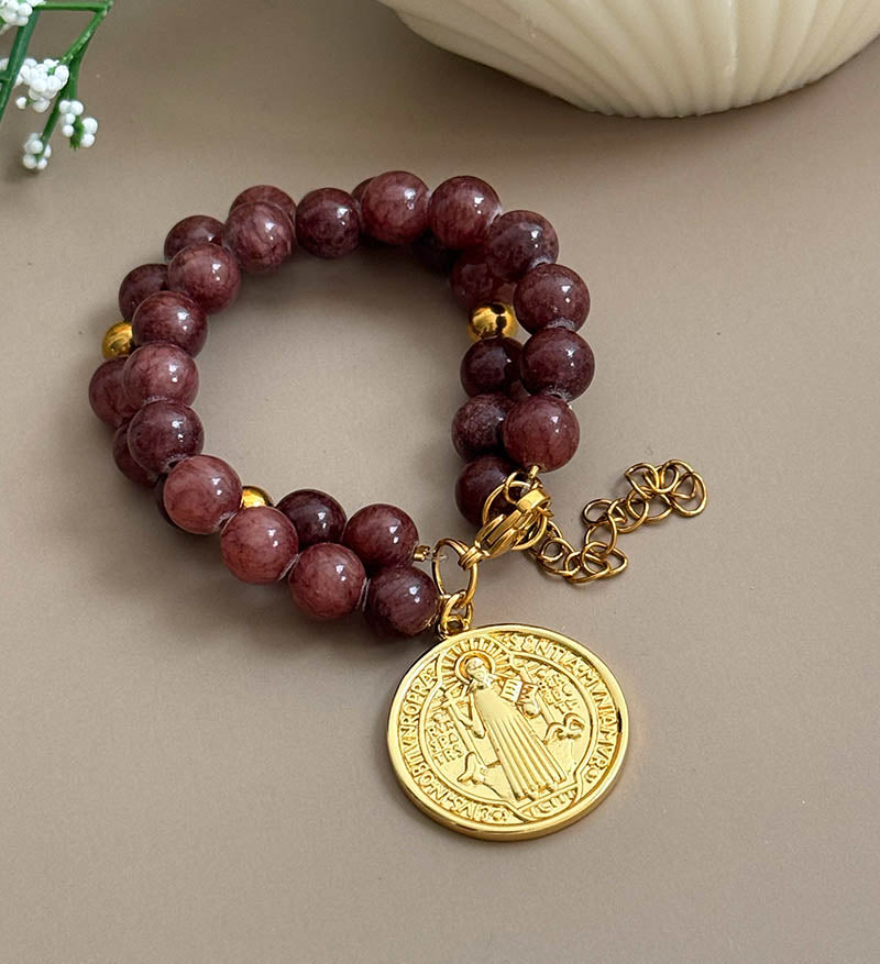 Pulsera doble marron con San Benito
