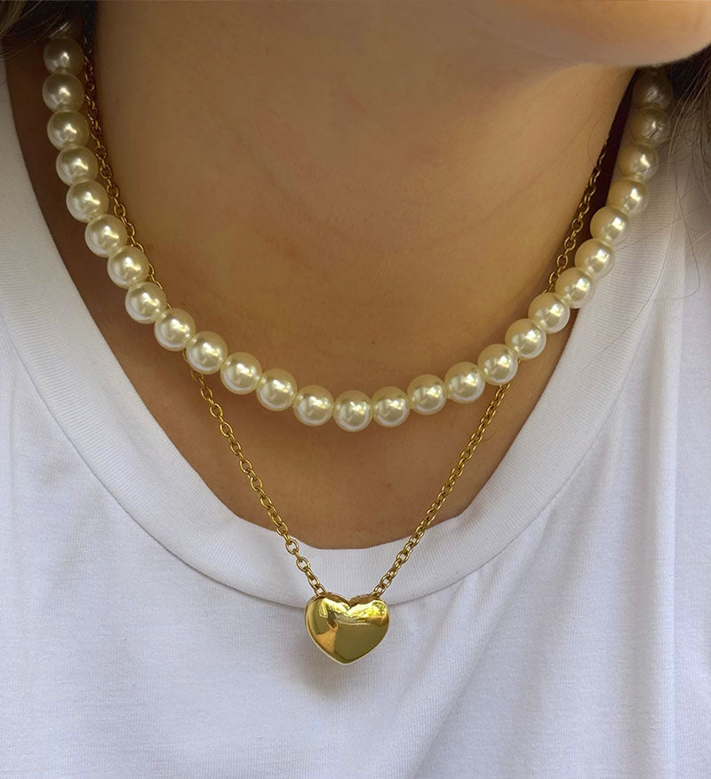 Cadena doble perlas y corazon