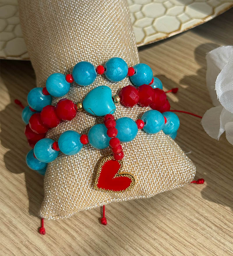 Trio de pulseras rojo turquesa