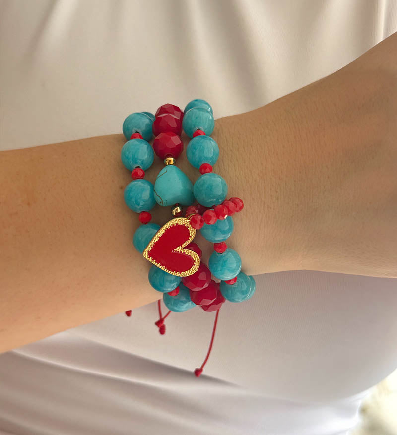 Trio de pulseras rojo turquesa