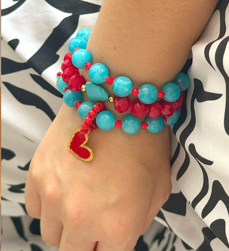 Trio de pulseras rojo turquesa