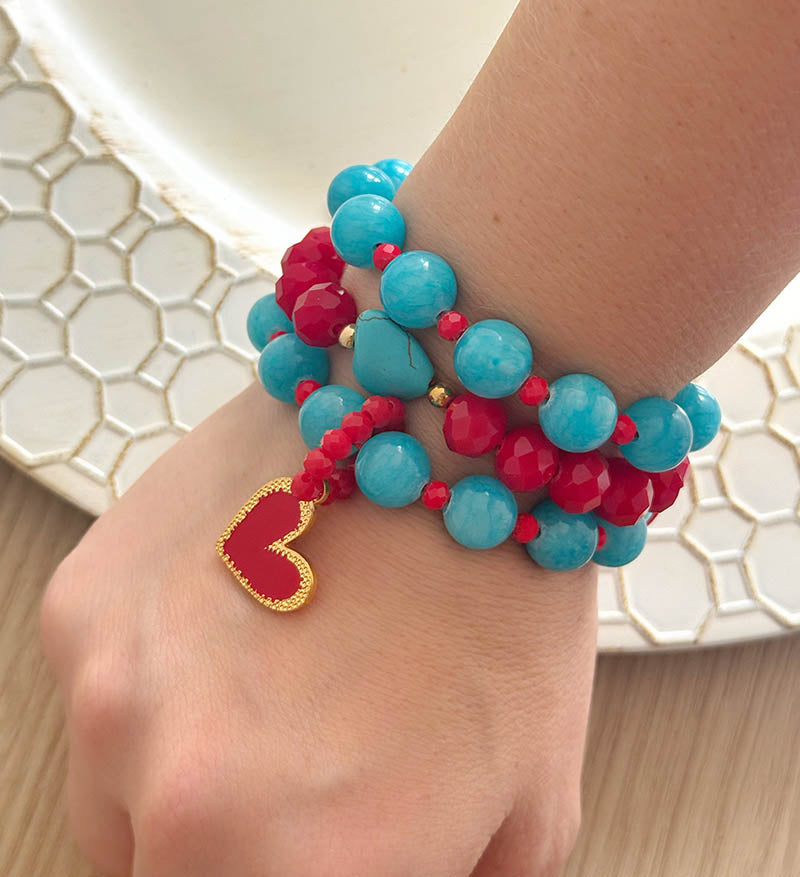 Trio de pulseras rojo turquesa