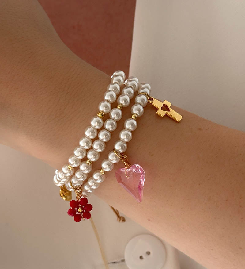 Pulsera triple perlas cora