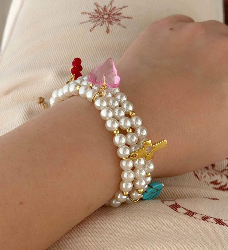 Pulsera triple perlas cora