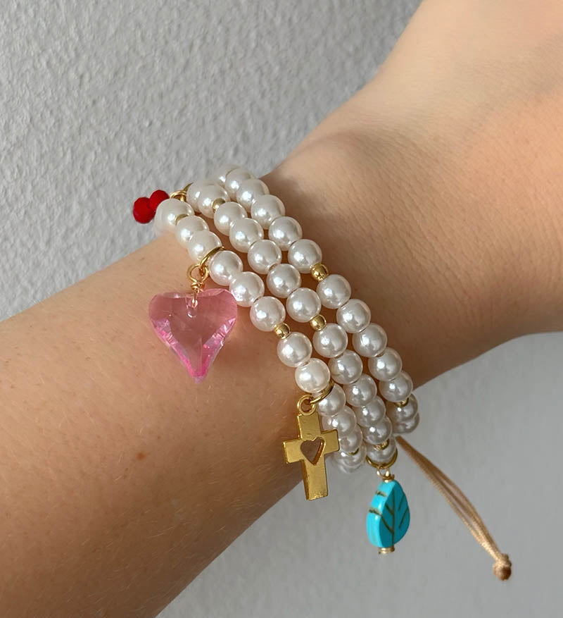 Pulsera triple perlas cora
