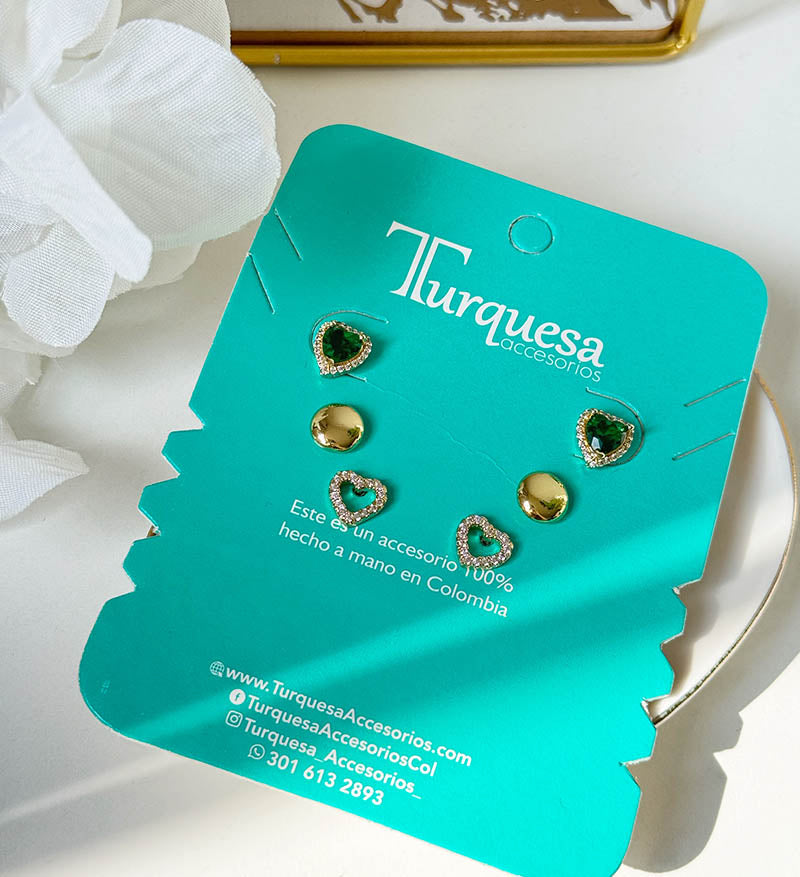 Set de 3 pares de topos corazón verde