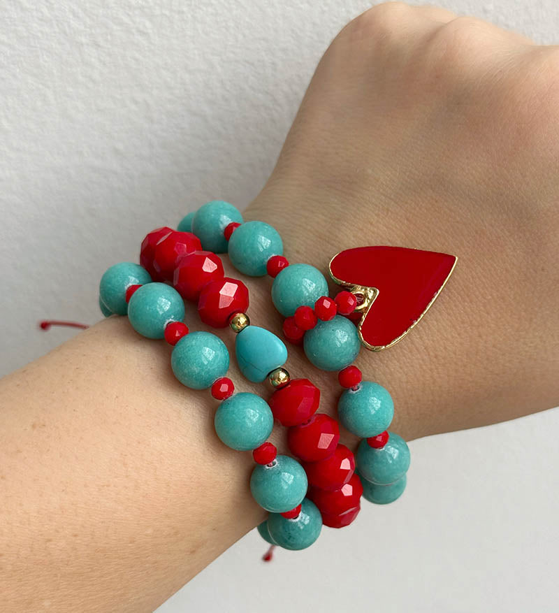 Trio de pulseras rojo turquesa