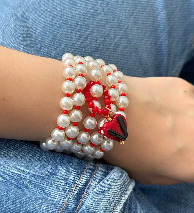Collar funcional perlas corazón rojo