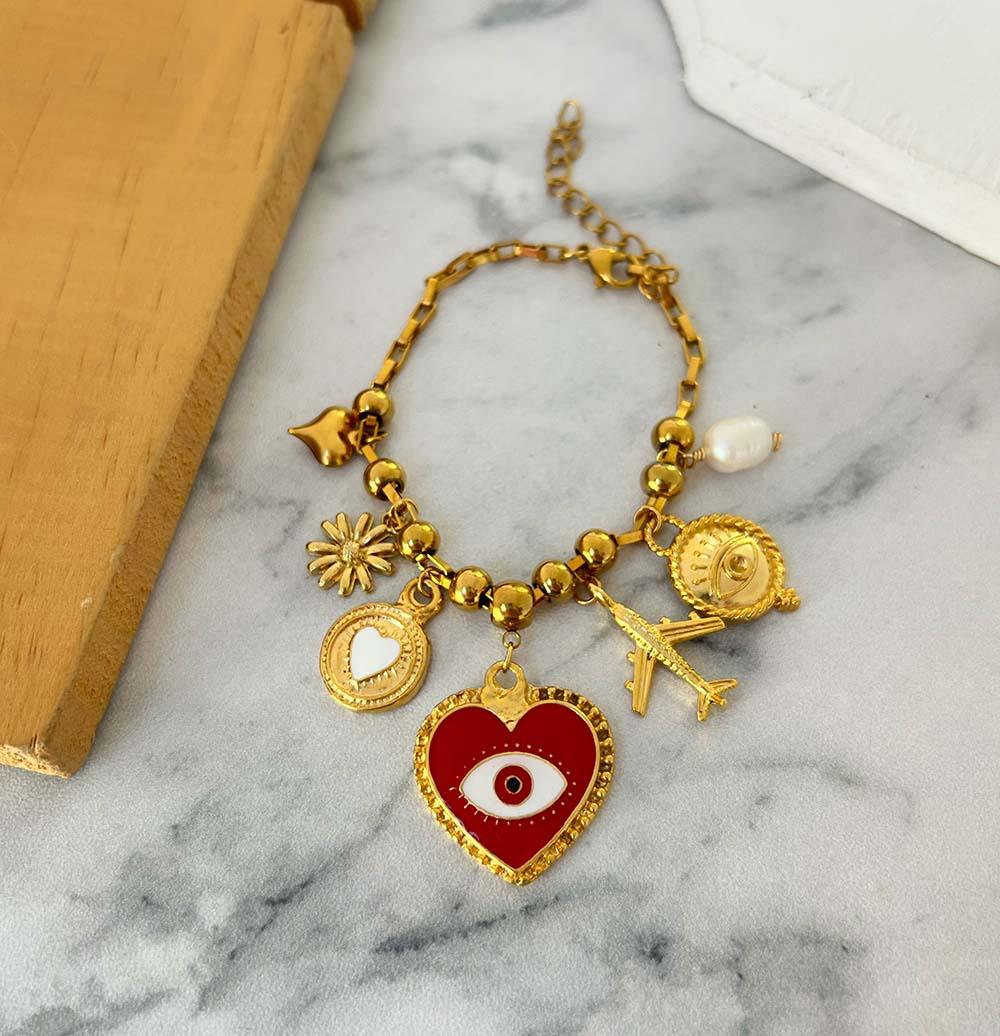 Pulsera corazón ojo turco rojo