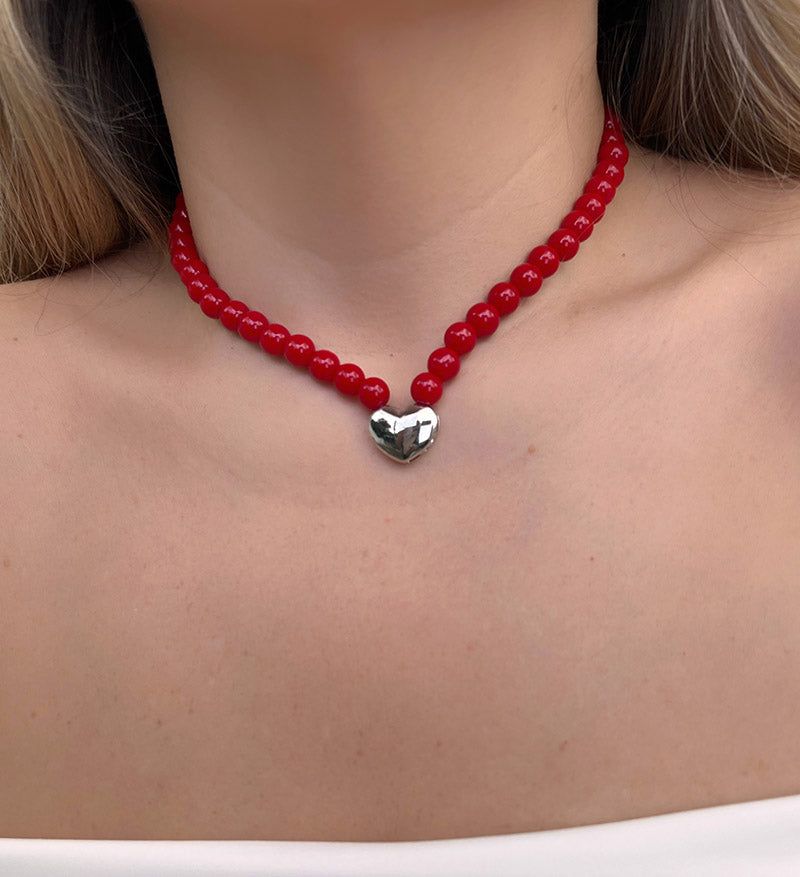 Collar rojo corazon plateado