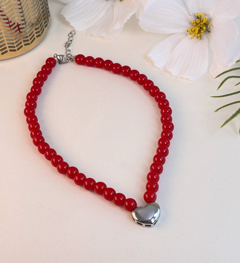 Collar rojo corazon plateado